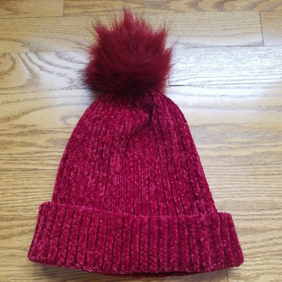 Loft Beanie Chenille Faux Fur Pom Pom Hat Maroon Red Wine Cozy Warm Classic Boho main image 5